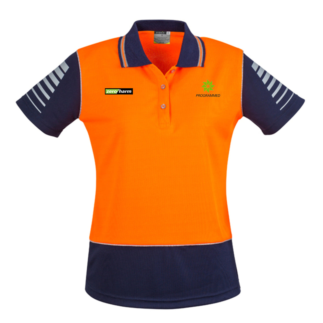 WOMENS HI VIS ZONE POLO - ORANGE/NAVY