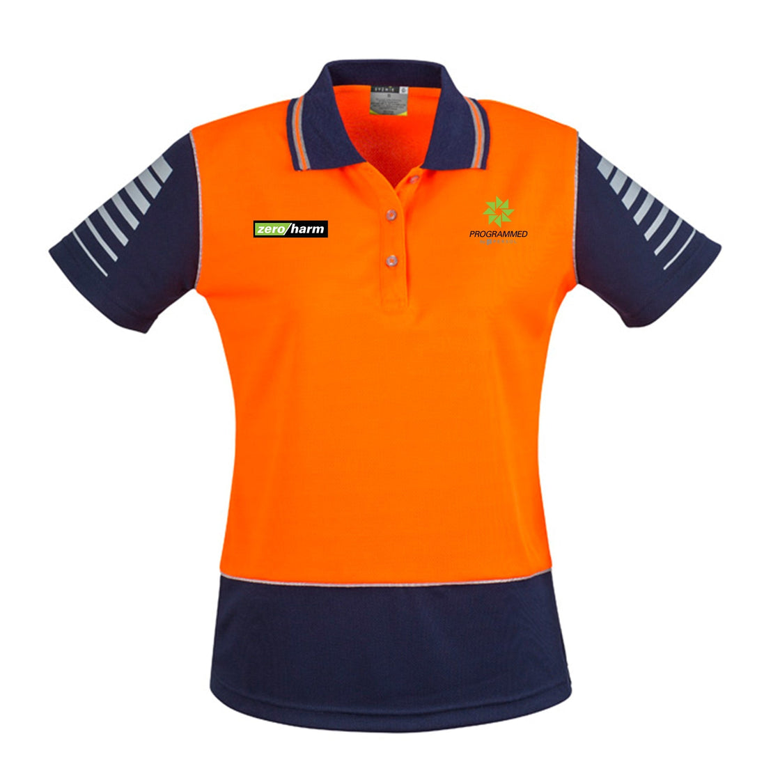 WOMENS HI VIS ZONE POLO - ORANGE/NAVY