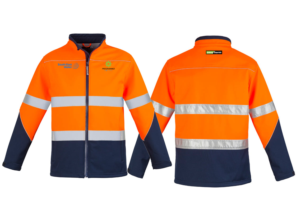 UNISEX HI VIS SOFTSHELL JACKET - ORANGE/NAVY