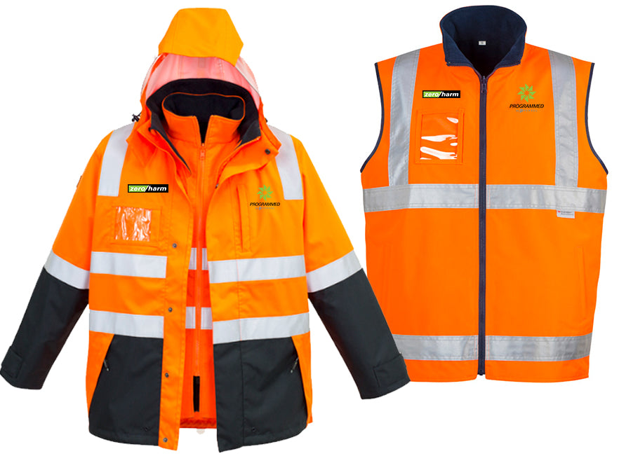 MENS HI VIS 4 IN 1 WATERPROOF JACKET - ORANGE/NAVY