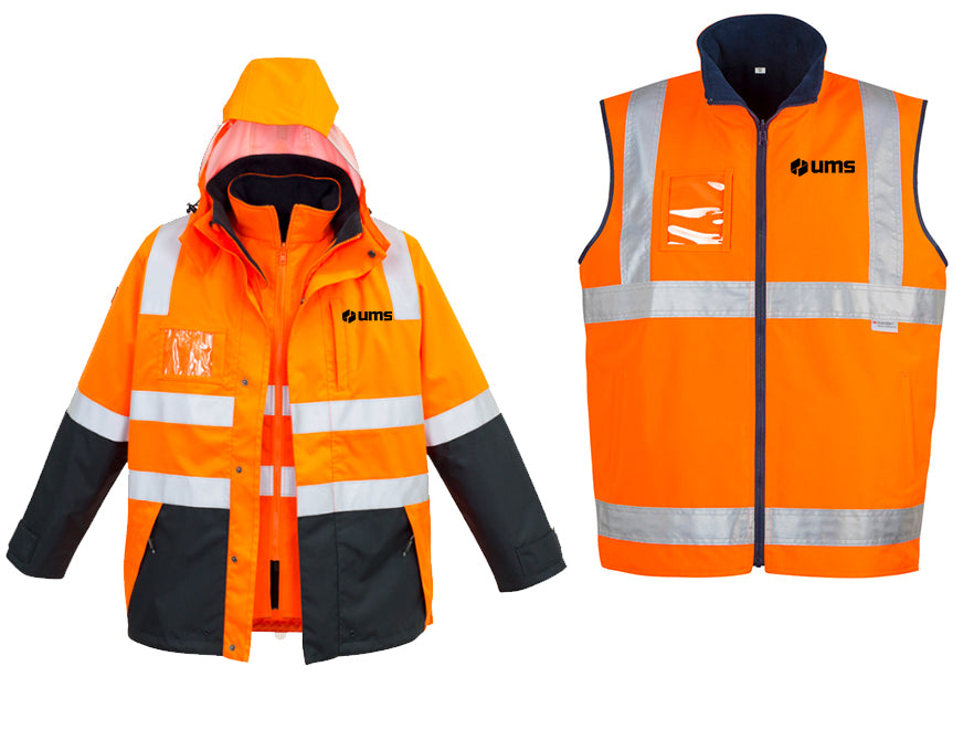 MENS HI VIS 4 IN 1 WATERPROOF JACKET - ORANGE/NAVY