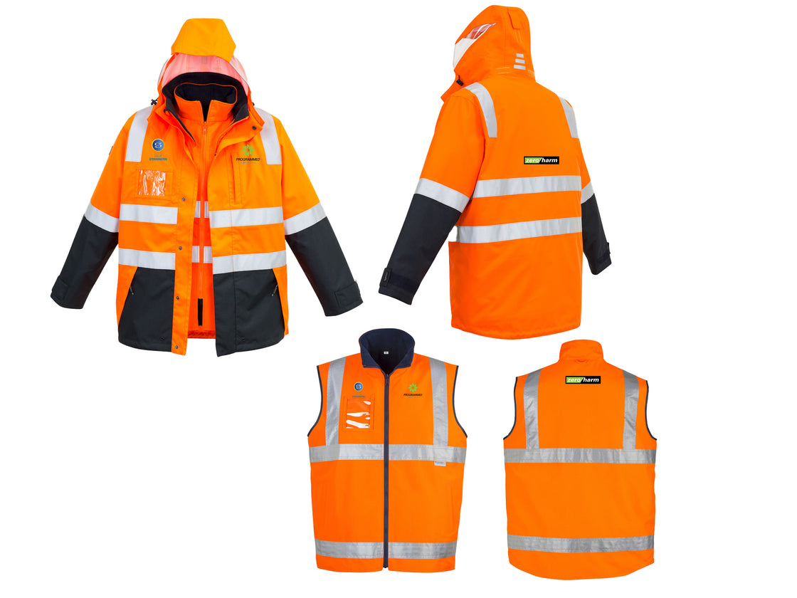 MENS HI VIS 4 IN 1 WATERPROOF JACKET - ORANGE/NAVY