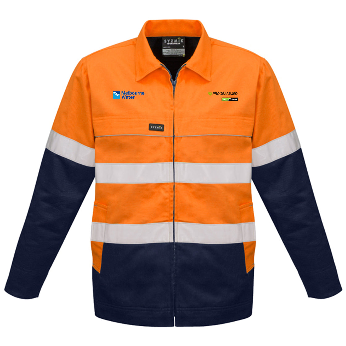 MENS HI VIS COTTON DRILL JACKET - ORANGE/NAVY