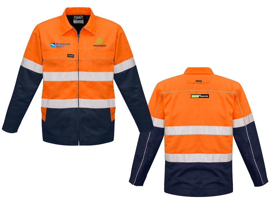 MENS HI VIS COTTON DRILL JACKET - ORANGE/NAVY