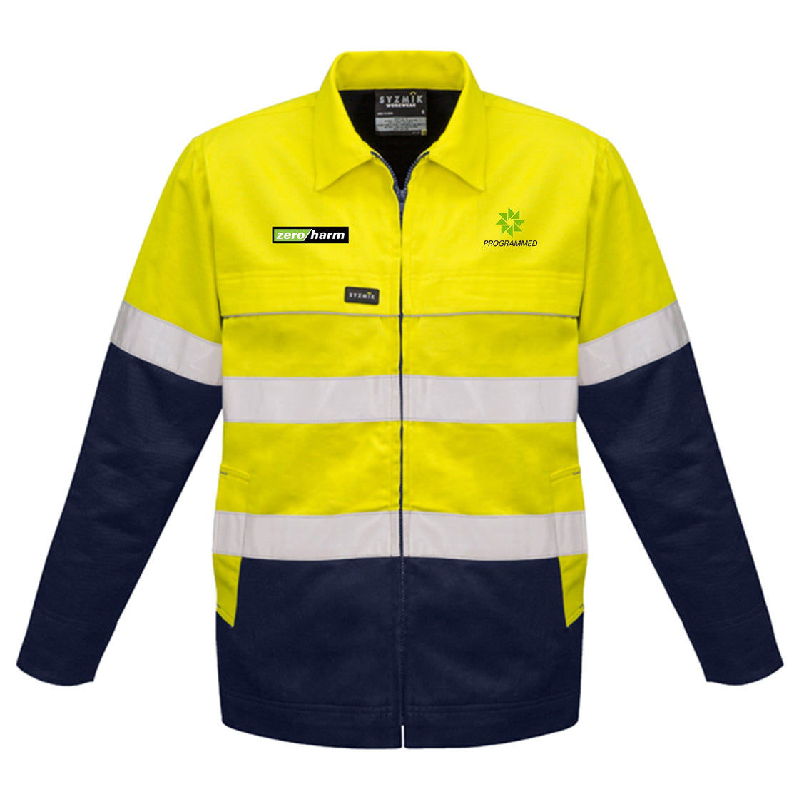 MENS HI VIS COTTON DRILL JACKET - YELLOW/NAVY