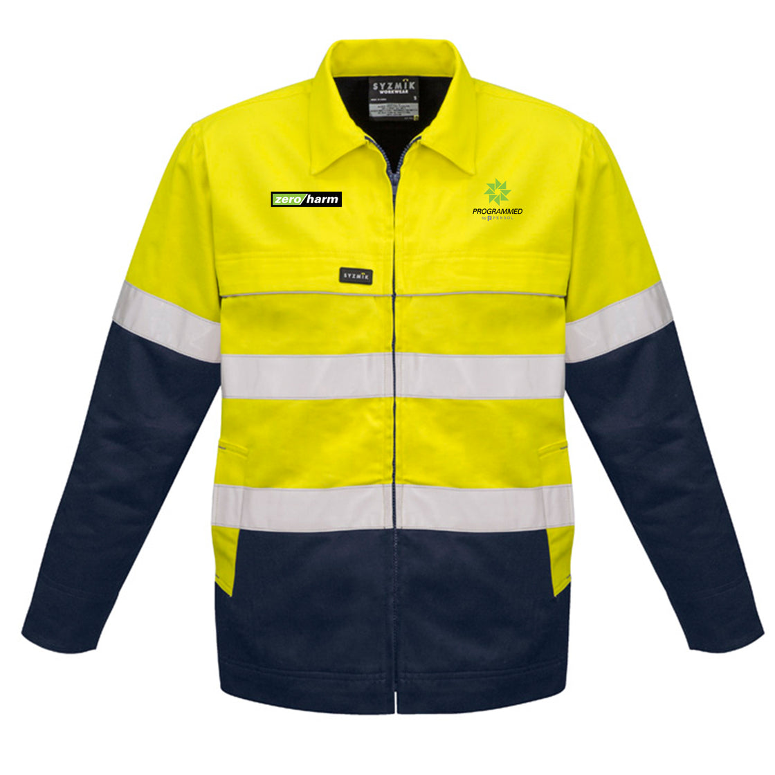 MENS HI VIS COTTON DRILL JACKET - YELLOW/NAVY