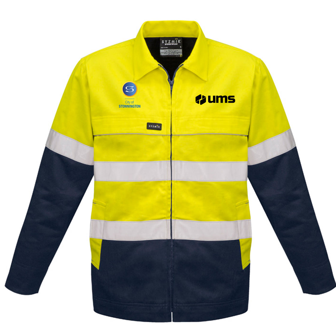 MENS HI VIS COTTON DRILL JACKET - YELLOW/NAVY