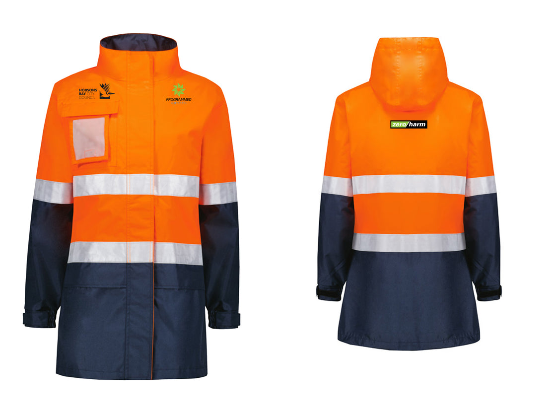 WOMENS HI VIS ULTRALITE WATERPROOF JACKET - ORANGE/NAVY
