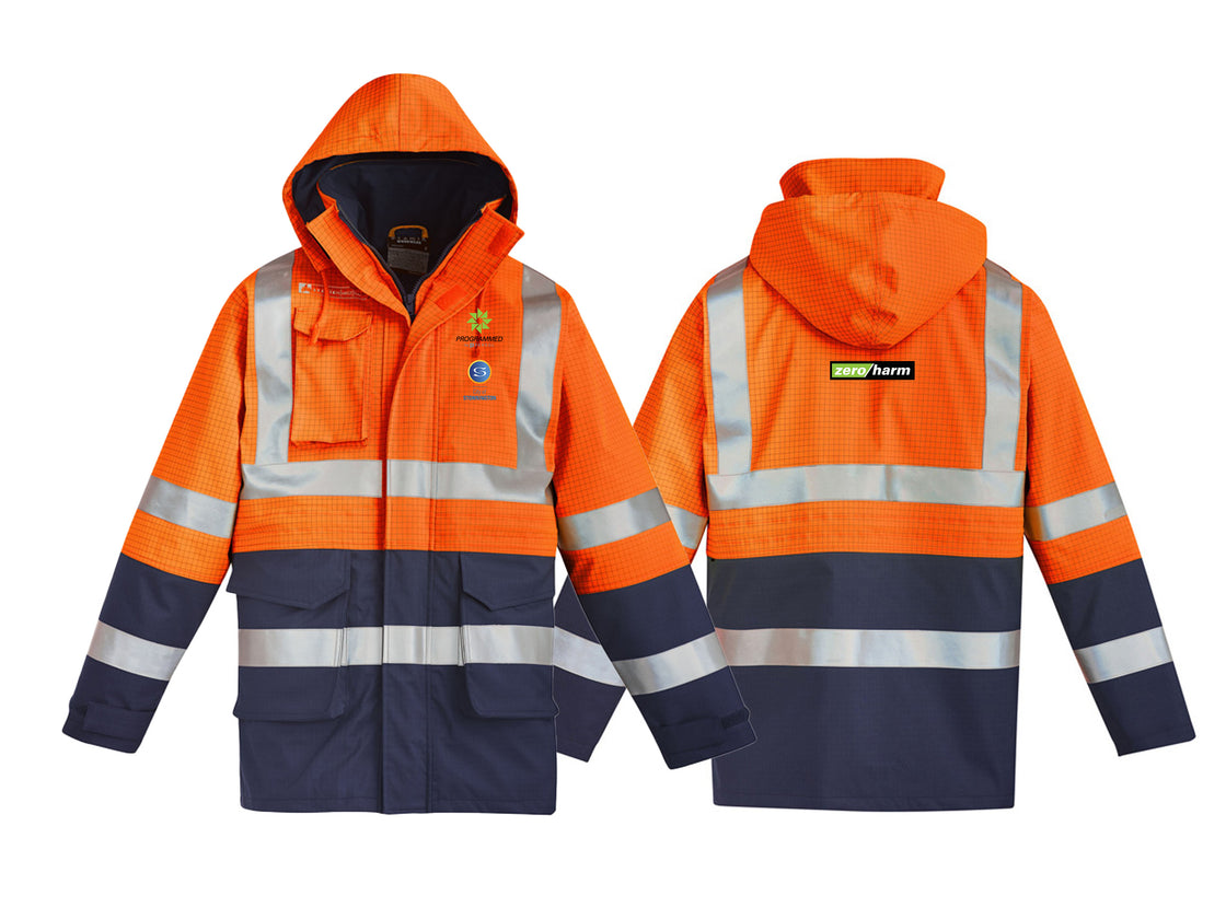 MENS ORANGE FLAME ARC RATED ANTISTATIC WATERPROOF JACKET - ORANGE/NAVY