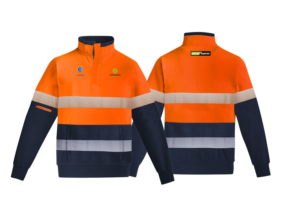 MENS ORANGE FLAME HRC 2 HOOP TAPED 1/4 ZIP BRUSHED FLEECE - ORANGE/NAVY