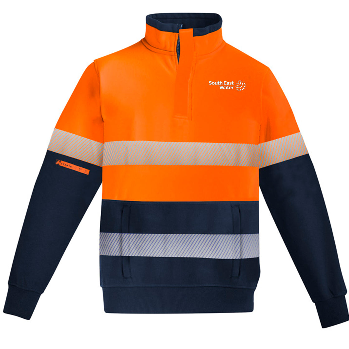 MENS ORANGE FLAME HI VIS 1/4 ZIP BRUSHED FLEECE PULLOVER - HOOP TAPED - ORANGE/NAVY