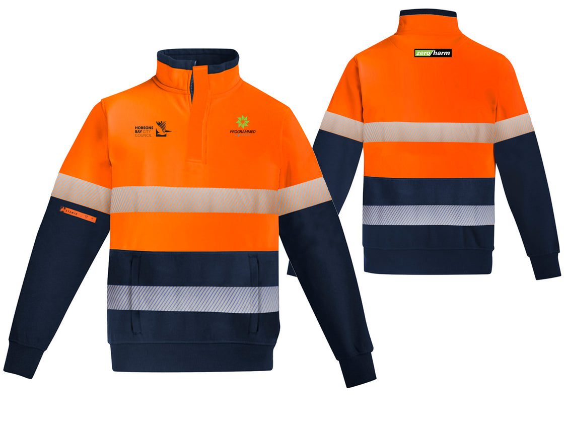 MENS ORANGE FLAME HI VIS 1/4 ZIP BRUSHED FLEECE PULLOVER - HOOP TAPED - ORANGE/NAVY