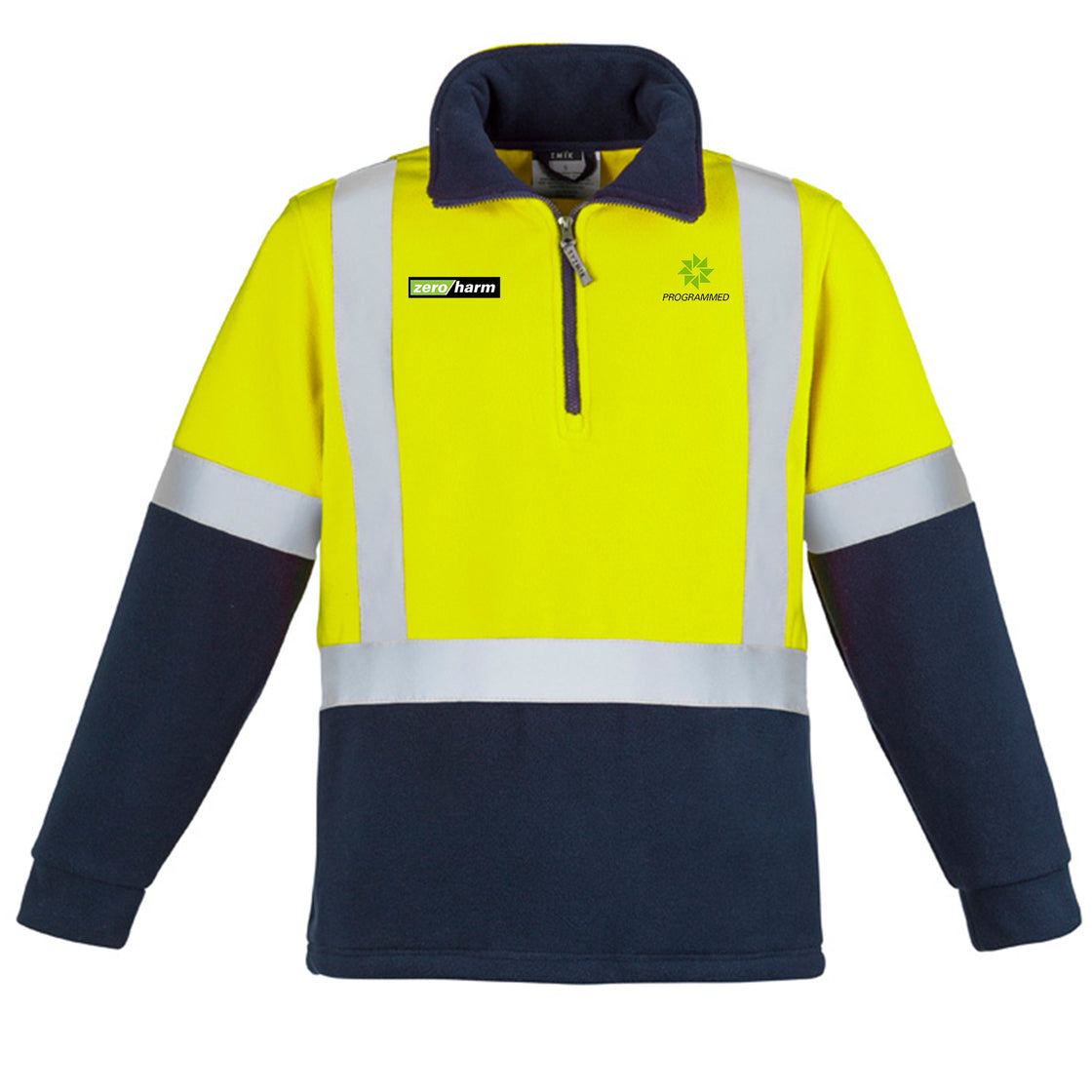 UNISEX HI VIS POLAR FLEECE PULLOVER - SHOULDER TAPED - YELLOW/NAVY