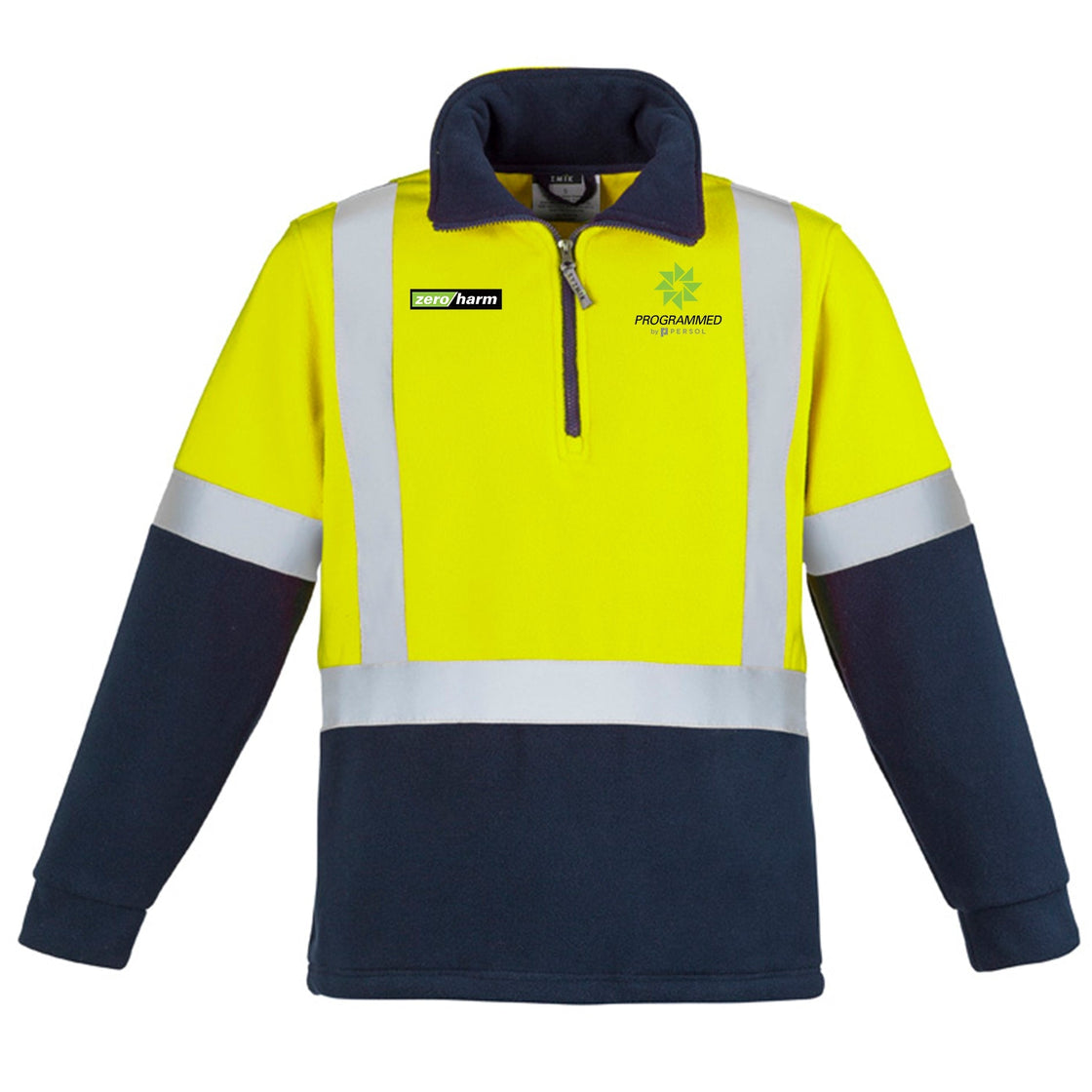 UNISEX HI VIS POLAR FLEECE PULLOVER - SHOULDER TAPED - YELLOW/NAVY