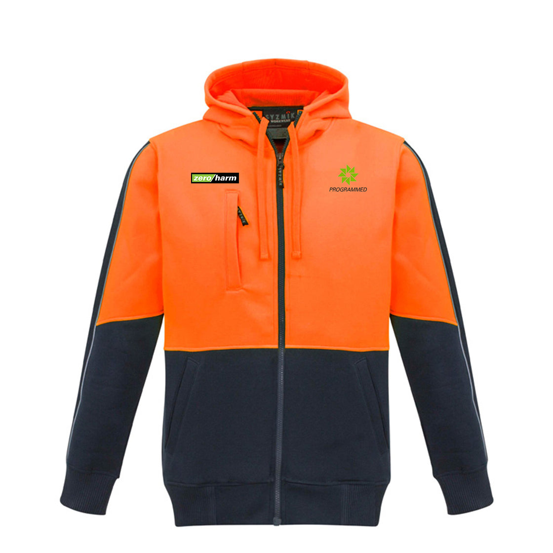 UNISEX HI VIS FULL ZIP HOODIE - ORANGE/NAVY