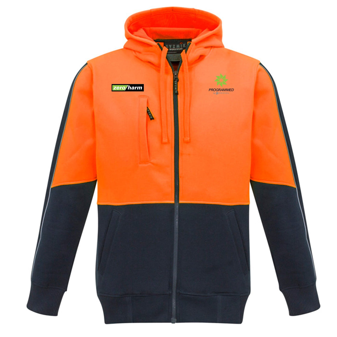 UNISEX HI VIS FULL ZIP HOODIE - ORANGE/NAVY