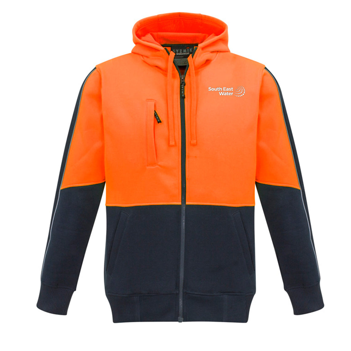 UNISEX HI VIS FULL ZIP HOODIE - ORANGE/NAVY