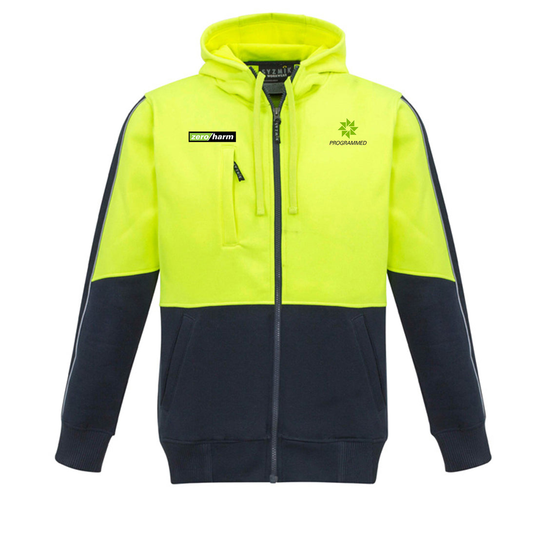 UNISEX HI VIS FULL ZIP HOODIE - YELLOW/NAVY