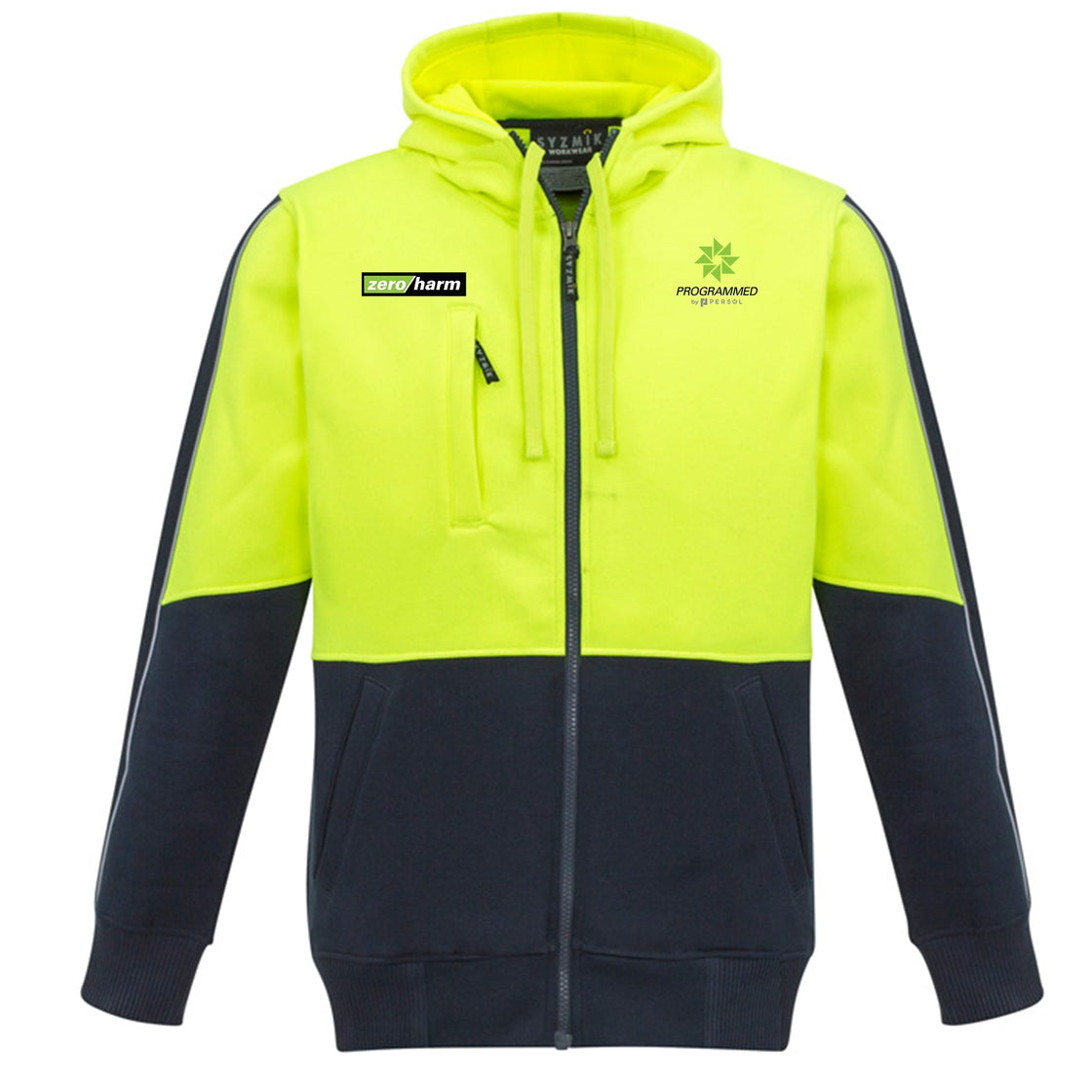 UNISEX HI VIS FULL ZIP HOODIE - YELLOW/NAVY