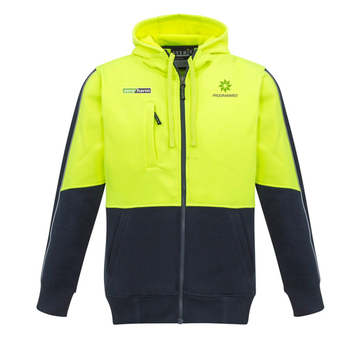 UNISEX HI VIS FULL ZIP HOODIE - YELLOW/NAVY