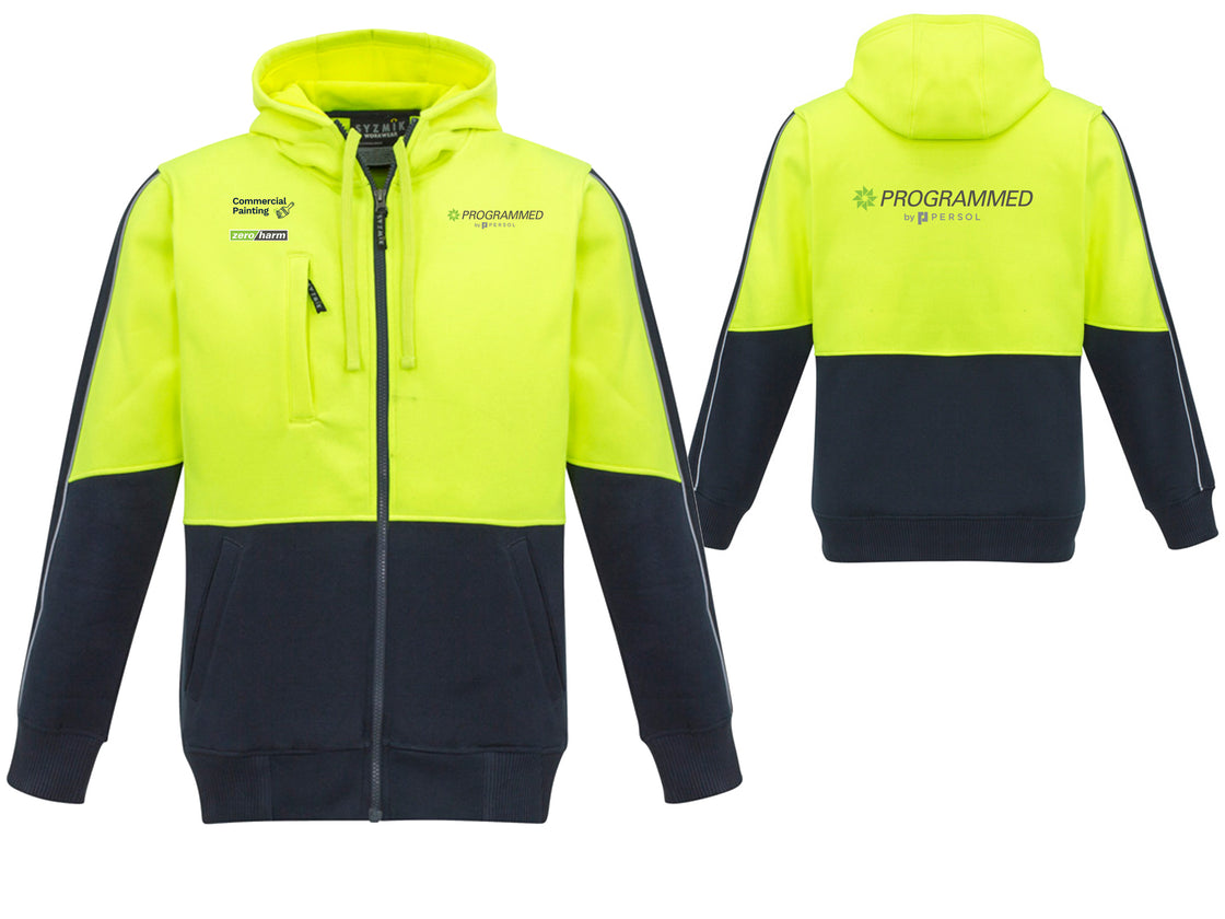 UNISEX HI VIS FULL ZIP HOODIE - YELLOW/NAVY