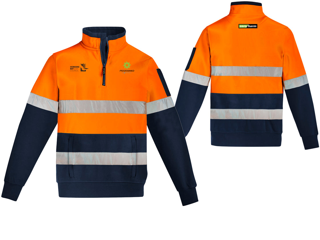 UNISEX HI VIS 1/4 ZIP PULLOVER - HOOP TAPED - ORANGE/NAVY