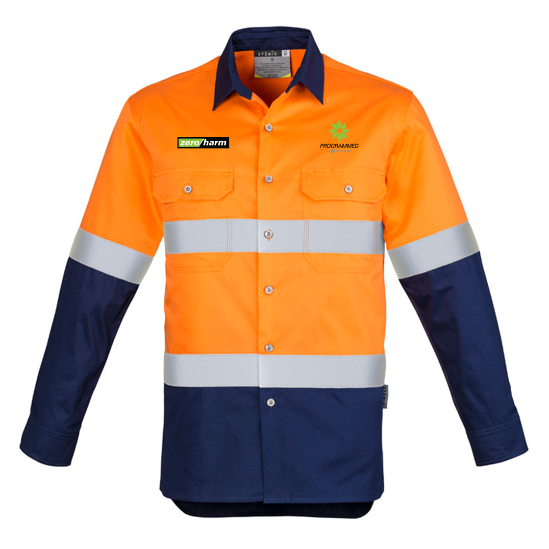 MENS HI VIS SPLICED INDUSTRIAL SHIRT - HOOP TAPED - ORANGE/NAVY