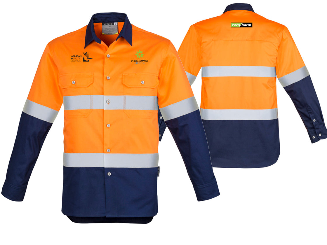 MENS INDUSTRIAL LONG SLEEVE SHIRT - HOOP TAPED - ORANGE/NAVY