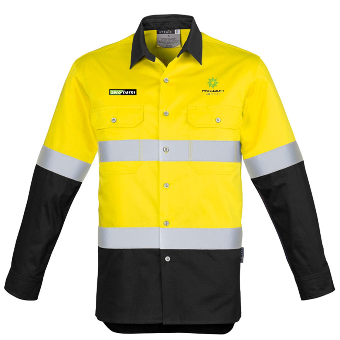 MENS HI VIS SPLICED INDUSTRIAL SHIRT - HOOP TAPED - YELLOW/BLACK