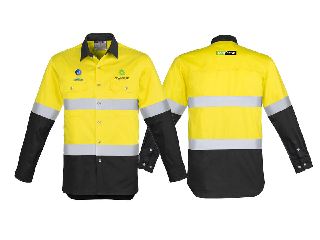 MENS HI VIS SPLICED INDUSTRIAL SHIRT - HOOP TAPED - YELLOW/BLACK