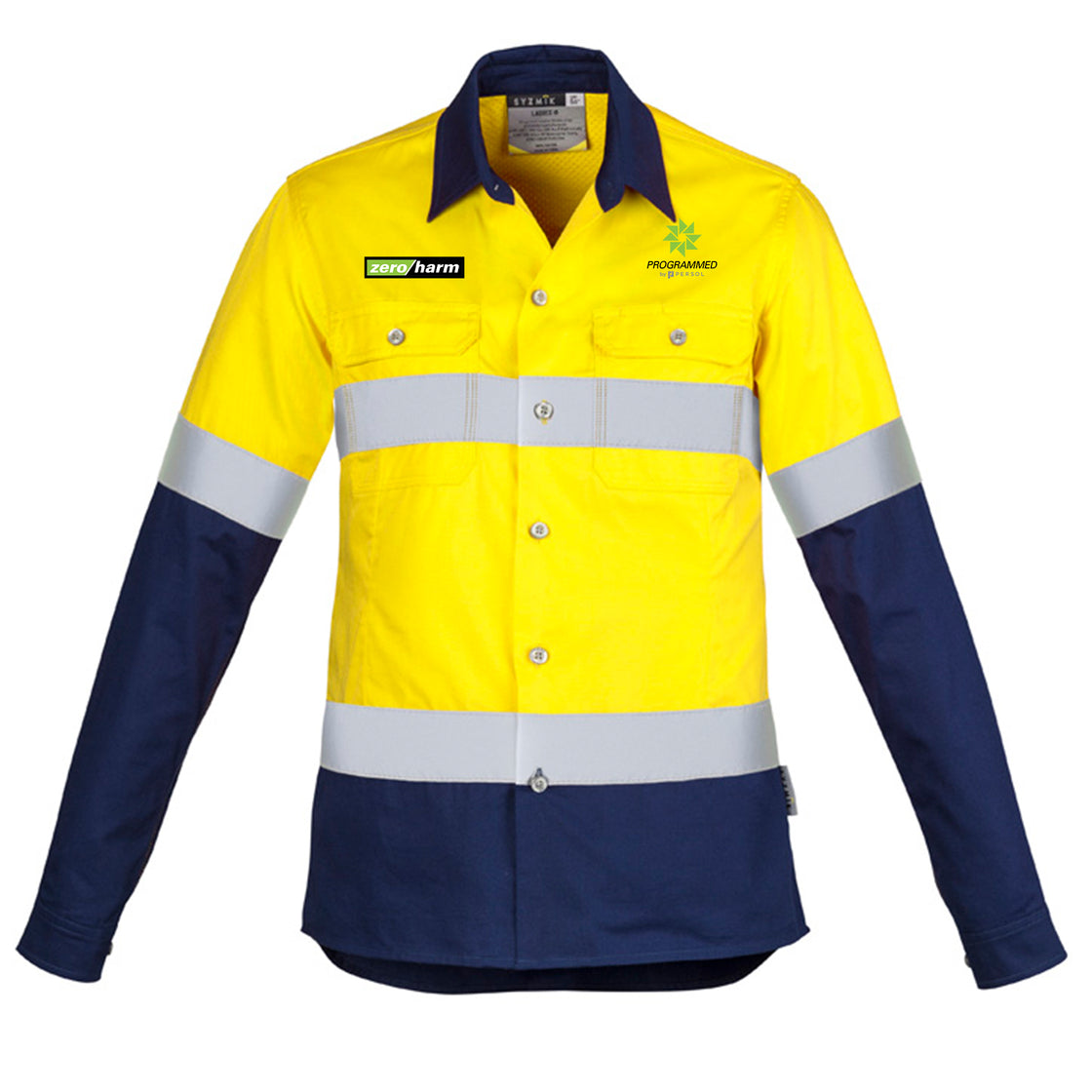 MENS HI VIS SPLICED INDUSTRIAL SHIRT - HOOP TAPED - YELLOW/NAVY