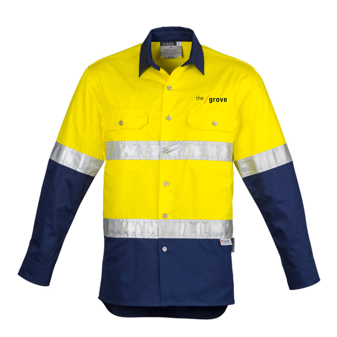 MENS HI VIS SPLICED INDUSTRIAL SHIRT - HOOP TAPED - YELLOW/NAVY