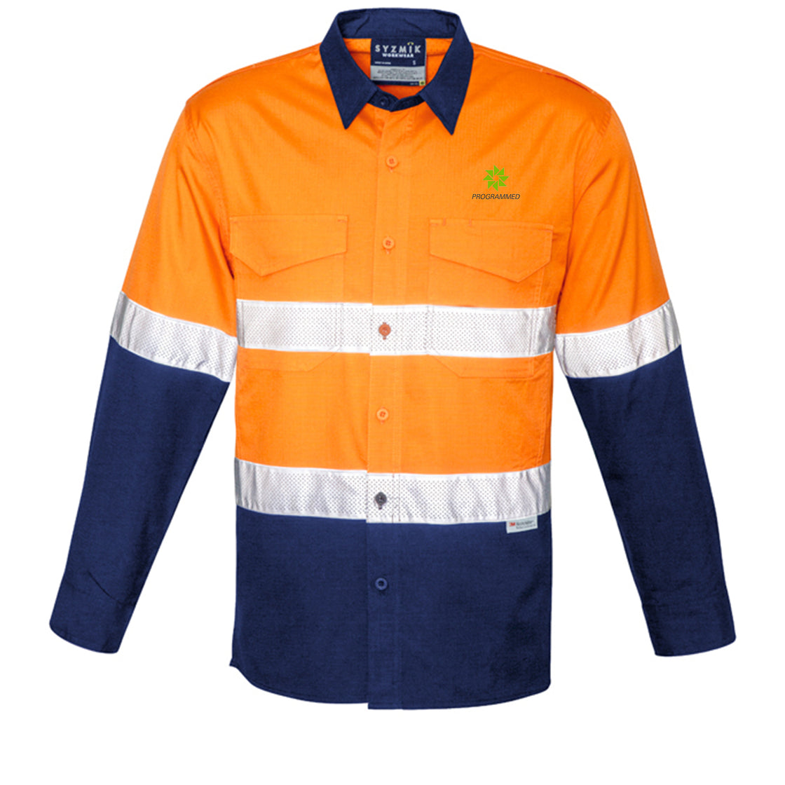 MENS RUGGED COOLING HI VIS TAPED LONG SLEEVE SHIRT - ORANGE/NAVY