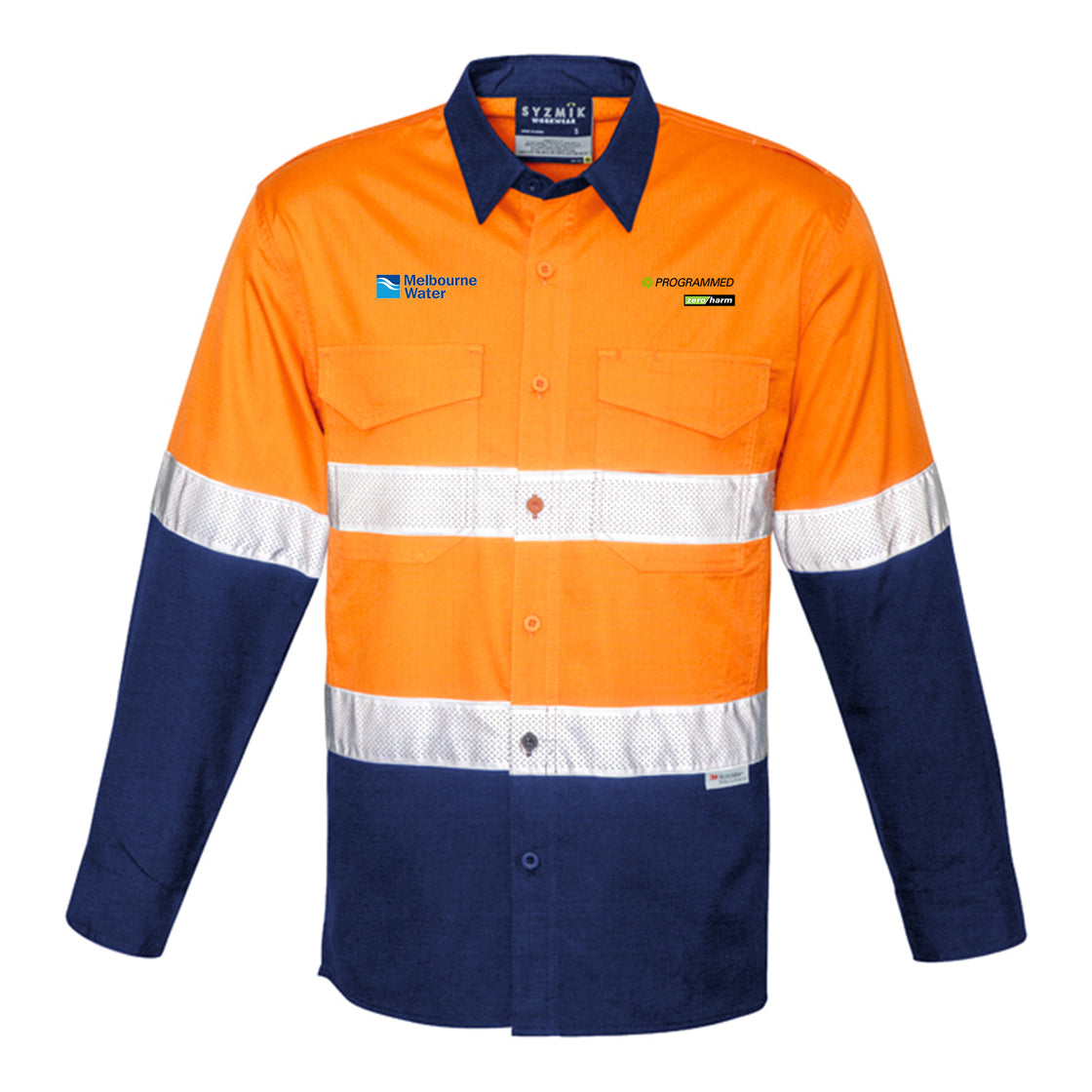 MENS RUGGED COOLING HI VIS TAPED LONG SLEEVE SHIRT - ORANGE/NAVY