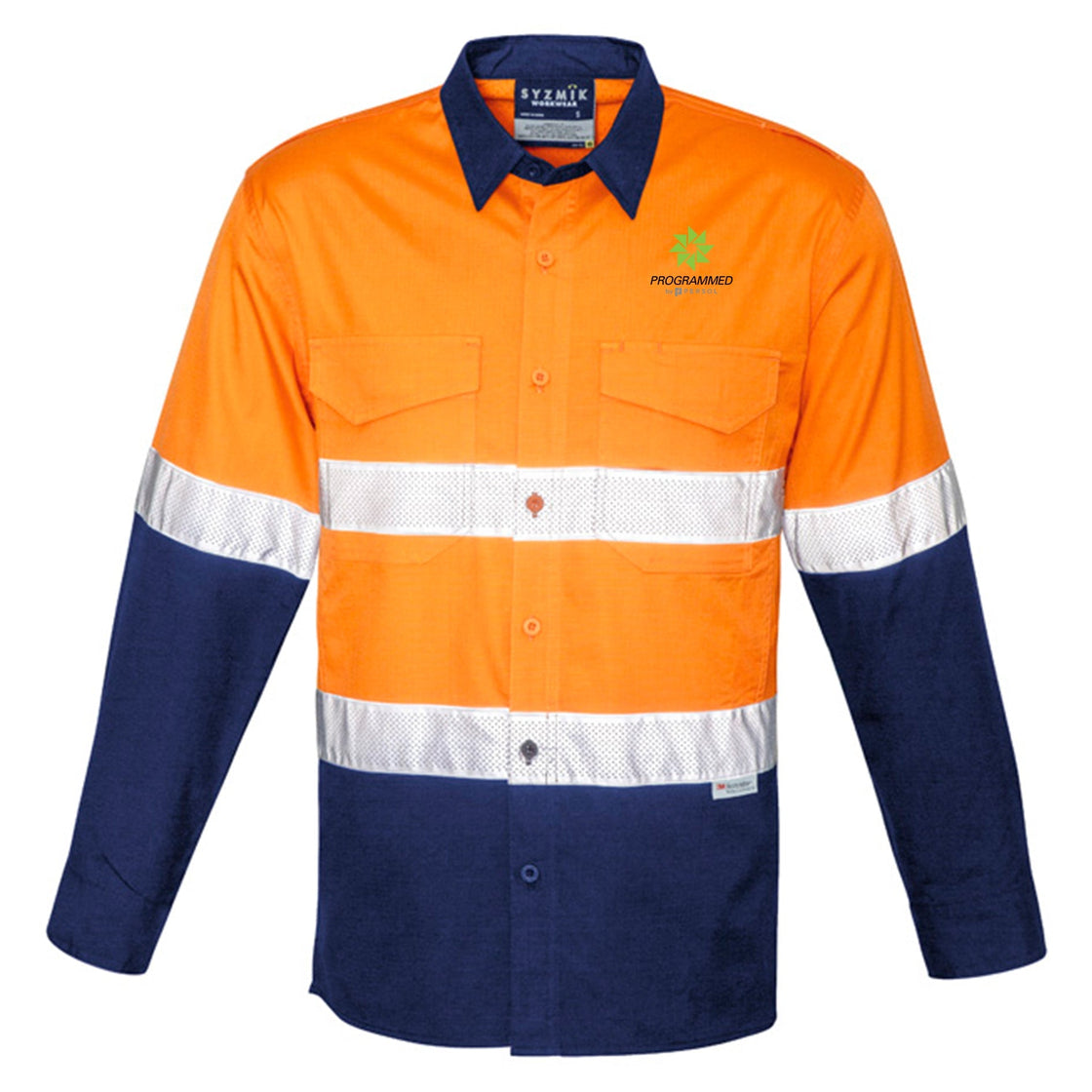 MENS RUGGED COOLING HI VIS TAPED LONG SLEEVE SHIRT - ORANGE/NAVY