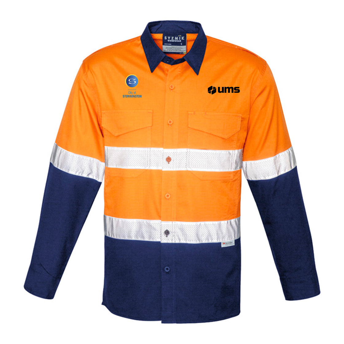 MENS RUGGED COOLING HI VIS TAPED LONG SLEEVE SHIRT - ORANGE/NAVY