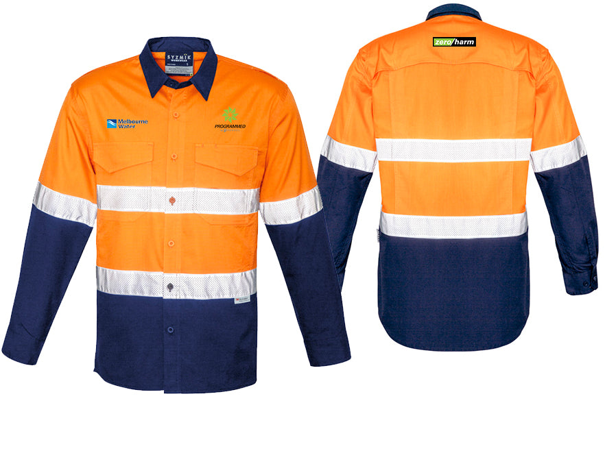 MENS RUGGED COOLING HI VIS TAPED LONG SLEEVE SHIRT - ORANGE/NAVY