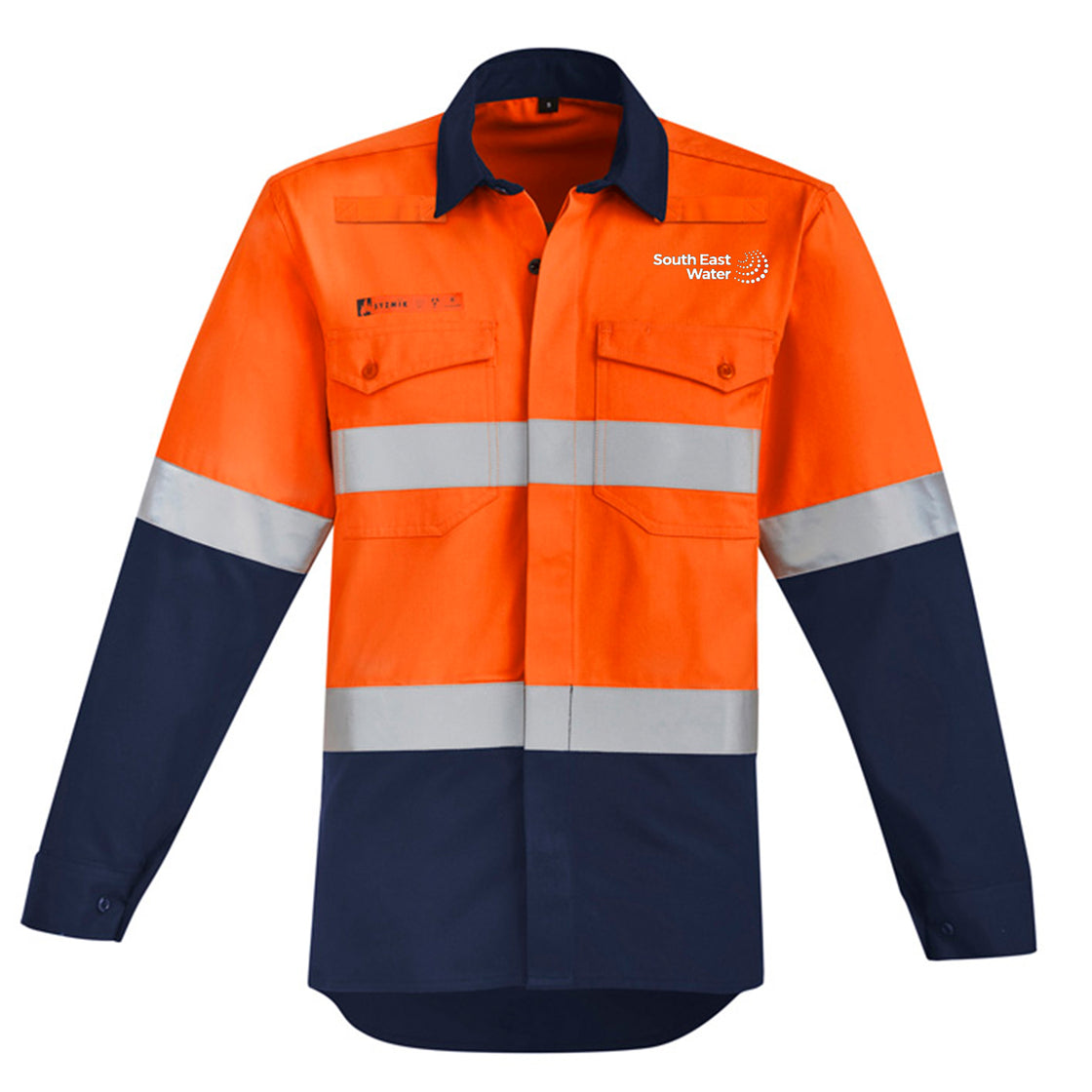 MENS ORANGE FLAME HI VIS OPEN FRONT SPLICED SHIRT - HOOP TAPED - ORANGE/NAVY