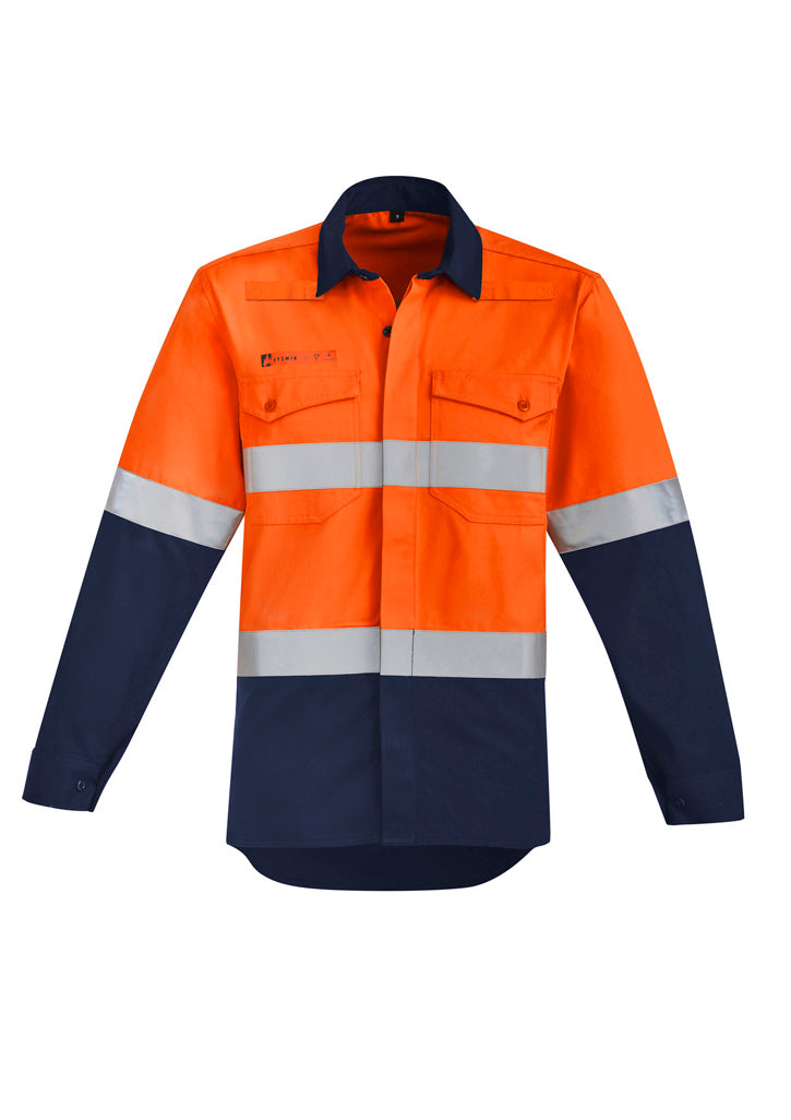 MENS ORANGE FLAME HI VIS OPEN FRONT SPLICED SHIRT - HOOP TAPED - ORANGE/NAVY