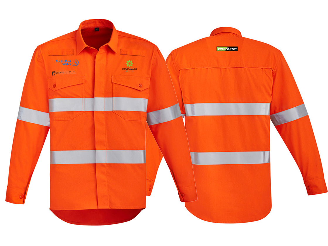 MENS ORANGE FLAME HI VIS OPEN FRONT SHIRT - HOOP TAPED - ORANGE