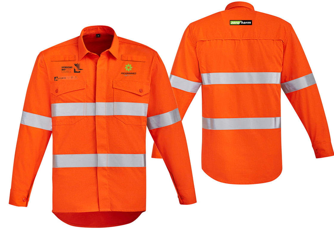 MENS ORANGE FLAME HI VIS OPEN FRONT SHIRT - HOOP TAPED - ORANGE
