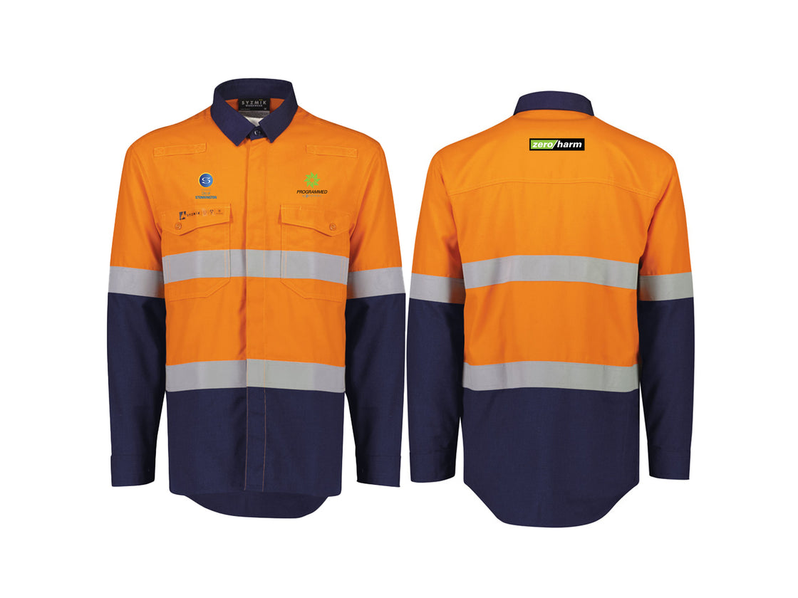 MENS ORANGE FLAME LIGHTWEIGHT RIPSTOP SPLICED SHIRT - HOOP TAPED - ORANGE/NAVY