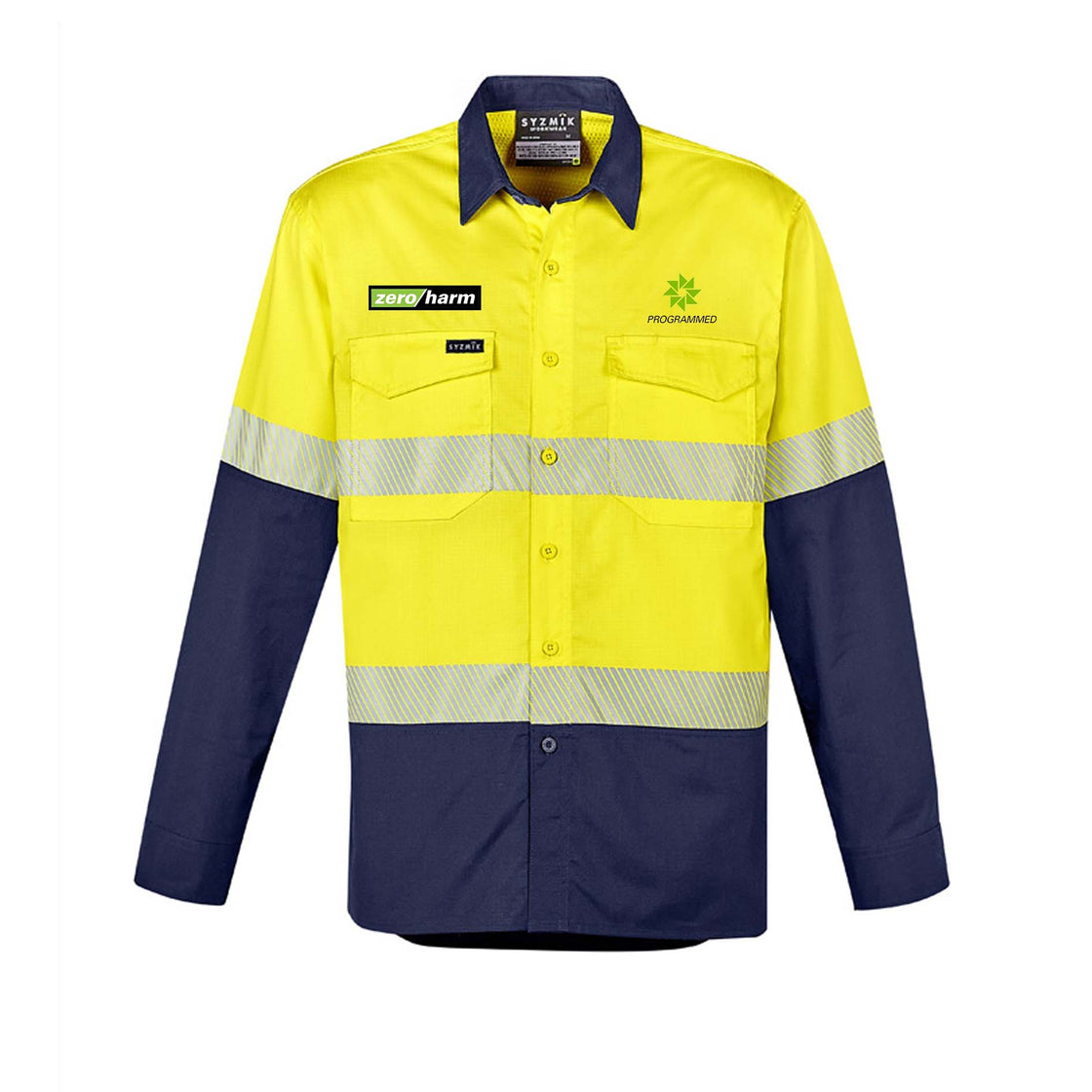 MENS RUGGED COOLING HI VIS SEGMENTED TAPE L/S SHIRT - YELLOW/NAVY