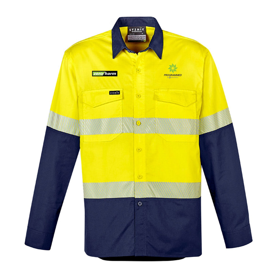 MENS RUGGED COOLING HI VIS SEGMENTED TAPE L/S SHIRT - YELLOW/NAVY