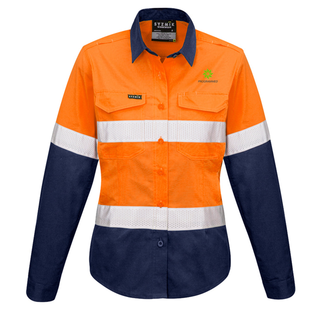 WOMENS RUGGED COOLING HI VIS TAPED LONG SLEEVE SHIRT - ORANGE/NAVY