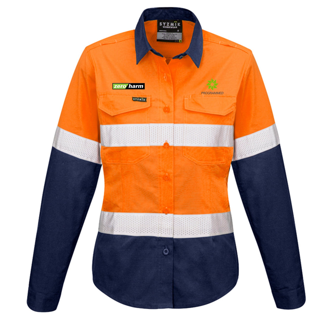 WOMENS RUGGED COOLING TAPED HI VIS SPLICED SHIRT - ORANGE/NAVY