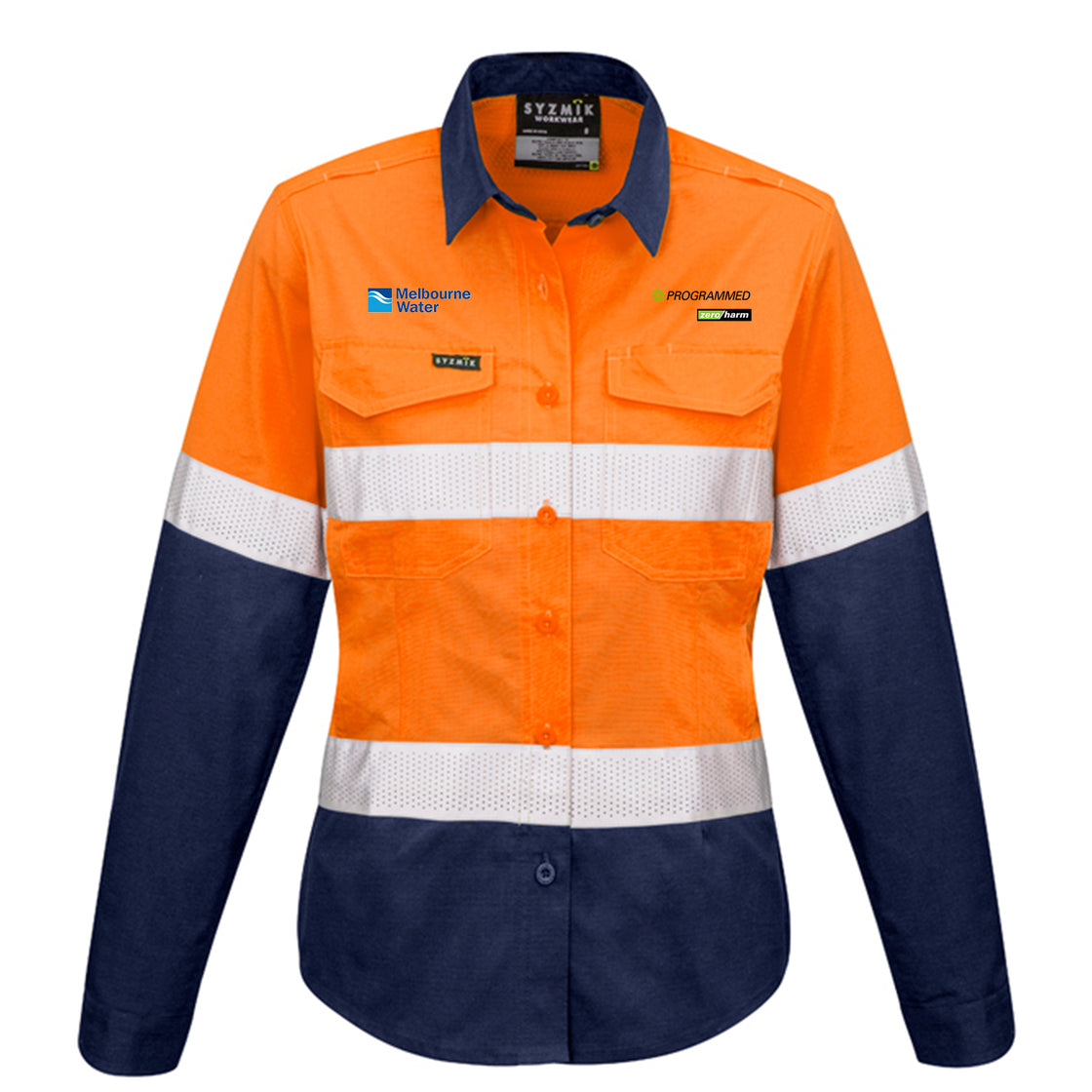 WOMENS RUGGED COOLING HI VIS TAPED LONG SLEEVE SHIRT - ORANGE/NAVY