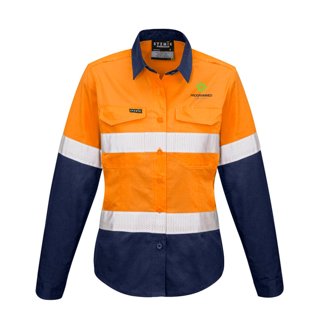 WOMENS RUGGED COOLING HI VIS TAPED LONG SLEEVE SHIRT - ORANGE/NAVY