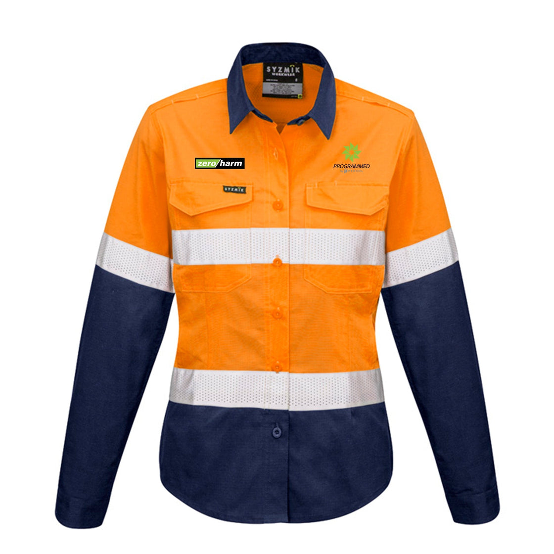 WOMENS RUGGED COOLING TAPED HI VIS SPLICED SHIRT - ORANGE/NAVY