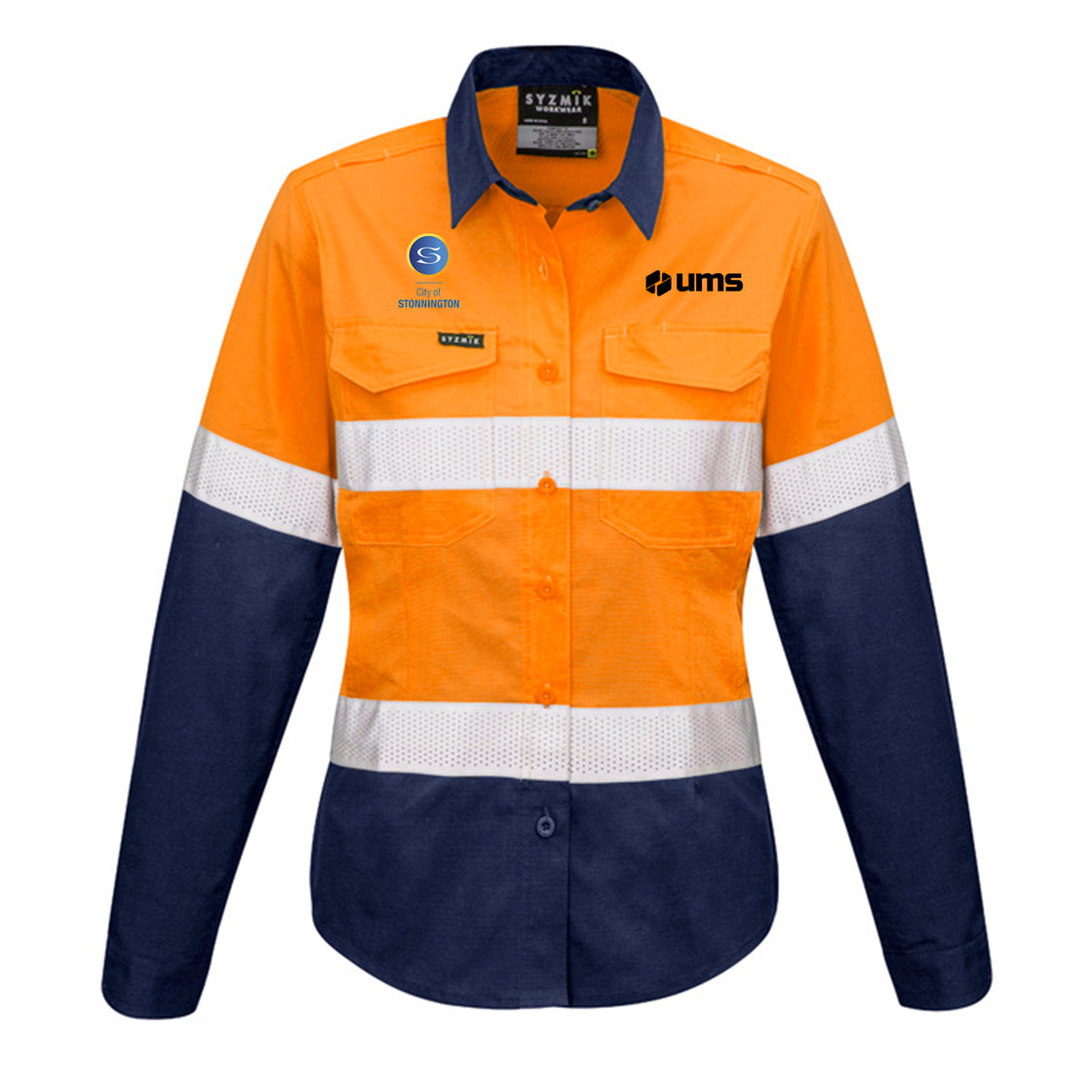 WOMENS RUGGED COOLING HI VIS TAPED LONG SLEEVE SHIRT - ORANGE/NAVY